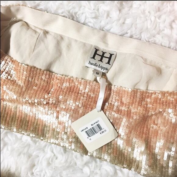 NEW HAUTE HIPPIE Cream Tan Brown Pink Silk Sequin Sparkle Bellini Mini Skirt M - Picture 5 of 8